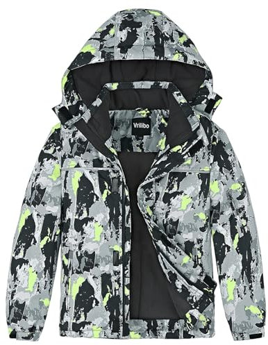 Vrilibo Wasserdichte Skijacke für Jungen, Winter, warm, dick, mit Fleece gefüttert, für Kinder, Outdoor, mit Kapuze, Snowboardjacke, tarnfarbe, 6-7