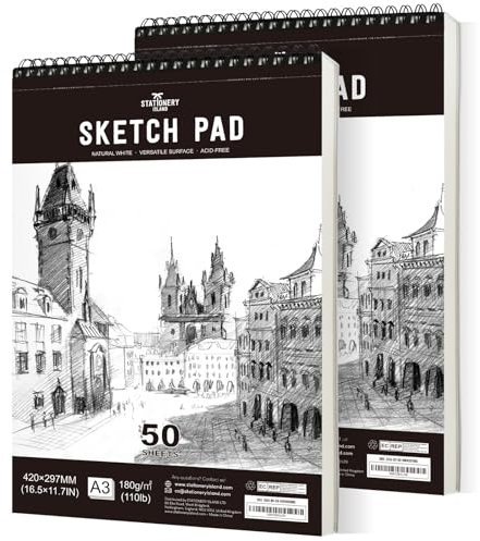 STATIONERY ISLAND Skizzenbuch, A3 Zeichenblock 180 g/m² Dickes Papier, 100 Seiten / 50 Bögen*2 Spiralgebundenes DIN Sketchbook 2 Packungen