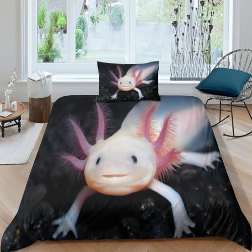 HITBOD Bettwäsche Set Axolotl 3D Bedruckte Deckenbezug Mikrofaser-Polyester 2 Teilig Mit Kopfkissenbezug Single(135x200cm)