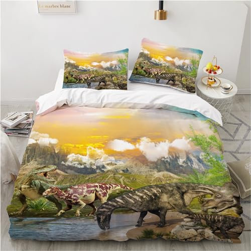 YASMENG Dino Bettwäsche 135x200 3D Kinder Bettwäsche Dinosaurier Jugendliche Jungen Weich Mikrofaser Bettwäsche 2teilig Geschenke für Kinder Jungen mit Reißverschluss und 80x80 cm Kissenbezug