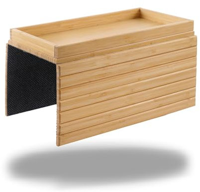 DETOR home and living Sofa Arm Tray, Foldable TV table with Capacious 31.5 x 13.5 CM Storage Box, Natural Bamboo Finish, Enhanced Nonslip Felt Bottom, Sturdy Bamboo Slats Material