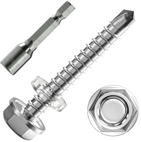 Lot de 50 vis auto-taraudeuses à tête hexagonale, vis auto-taraudeuses avec rondelle d'étanchéité et clé à douille hexagonale, 4,8 x 32 mm