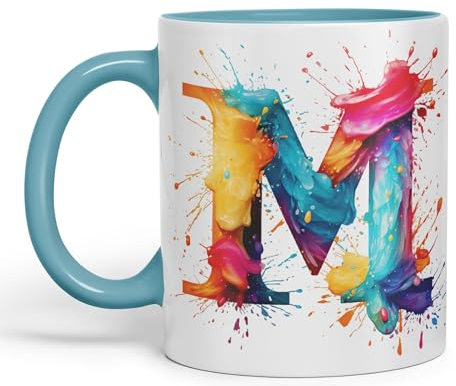 Vixar Letter M Mug, Alphabet Letter M Monogram Watercolour Ceramic Coloured Mug Cup for Tea Coffee Hot Brew 330ml 11Oz Gift (Turquoise)