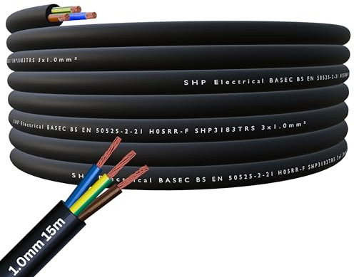 SHPELEC® H05RR-F 3 Core Flexible Rubber Cable - Premium Electrical Wire for Indoor and Outdoor Use - 1.0mm, 1.5mm, 2.5mm 5m, 10m, 20m (1.0mm 15m)