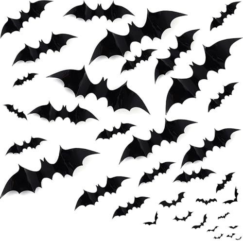 BELSVOR Pack de 60 Chauve Souris Halloween, 60 halloween decoration, 4 modèles de Décorations halloween Chauves Souris, Chauves Souris d'Halloween à utiliser sur les murs/chambres/jardin