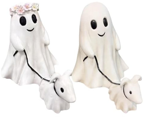 2 Stk Ghost Walking Dog Statue | Harz Geist mit Hunde Figur | Halloween Geist geht mit seinem Geisterhund spaziere Ornamente | 2024 Neue gruselige Geisterhunde Skulptur für Halloween Dekorationen