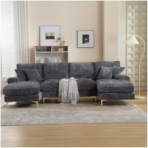 Sapgaks Canapé sectionnel en U Moderne,canapé 4 Places,Meuble rembourré Design Moderne,Tissu Chenille (Gris)