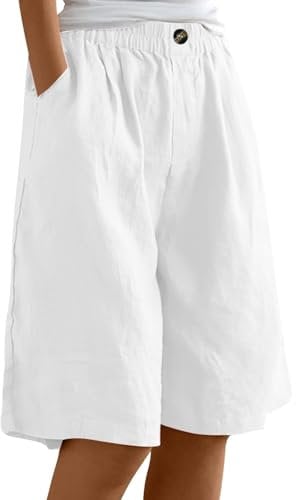 AMDOLE Damen-Sommer-Shorts aus Baumwoll-Leinen, elastische Taille, knielang, Bermuda-Shorts, locker, lässig, Hotpants, weites Bein, Strandhose, Shorts mit Taschen, weiß, M