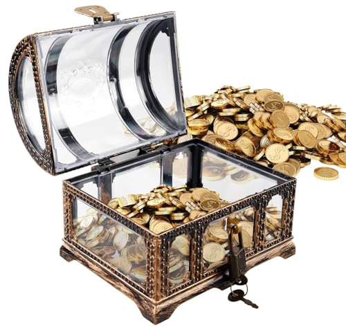 BORDEAG Schatztruhe Klein Plastik, Vintage Transparent Schatzkiste mit Schloss, Piraten Schatztruhe, Mini Schatztruhe für Pirat Schatz Party, Geburtstag, Geschenk für Aufbewahren (14cm×10cm×11cm)