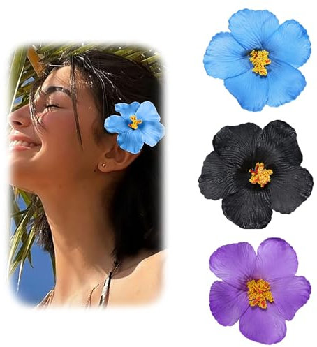 Mezrkuwr 3 pièces de barrettes hawaïennes pour femmes, barrettes plumeria-hibiscus, clips de fleurs artificielles pour vacances, fête de plage, piscine, croisière (noir/bleu/violet)