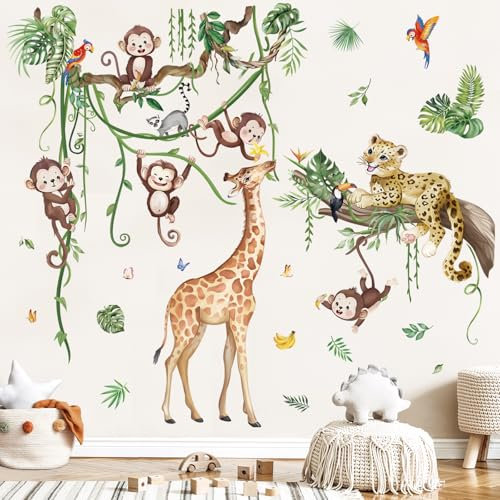 wondever Stickers Muraux Animaux de la Jungle Tropicales Arbre Branche Autocollants Muraux Mural Stickers Safari Girafe Singe Léopard pour Chambre Enfants Bébé Pépinière Salon
