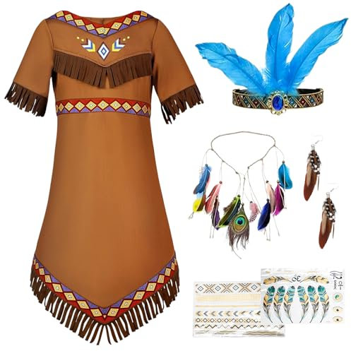 Piashow Indianer Kostüm Kinder mit Indianischer Kopfschmuck Ohrringe Tattoo Aufkleber, Braun Faschingskostüme mit Fransen, für Karneval, Mottoparty