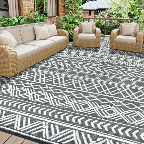 Homcomodar Patio Teppich 270x365cm Outdoor Teppiche für Patio Clearance Reversible Matte Kunststoff Stroh Teppich UV-beständige Camping Matte für Picknick Deck(Grau/Weiß)