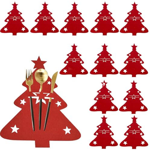 12 PCS Felt Silverware Tableware Holder Pockets - Christmas Tree Cutlery Holders for Kitchen Supplies