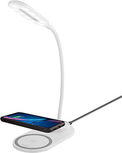 JSIOPYUB LED Desk Lamp W/10W Fast Wireless Charging, Eye-Caring Table Bedside Light 3 Color Mode Touch Control, Charger Compatible All Qi-Enabled Devices, White