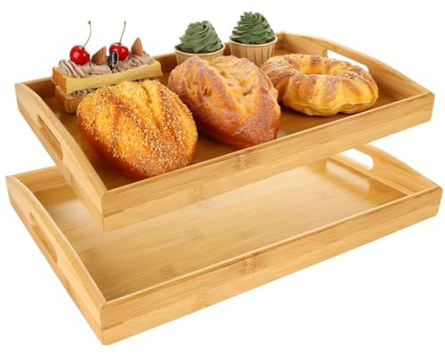 VIDETOL Bamboo Serving Tray Set of 2, 40 X 28 X 5 cm Wooden Trays with Handles, Wood Food Tray for Kitchen, Restaurant, Hotels