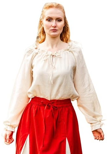 Leonardo Carbone® Damen Bluse Mittelalterbluse Edith | Offenschulterig | Rüschenärmel | Karneval, Halloween, Cosplay, LARP, Kostüm, Mittelalter, Festkleidung | 100% Baumwolle Natur XS