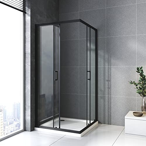 Duschkabine 100 x 100 Schwarz, Duschabtrennung Eckeinstieg Duschtür Dusche mit 6mm Sicherheitsklarglas Eckeinstieg Doppel Schiebetür Duschschiebetür Duschabtrennung Duschwand, Höhe: 185cm