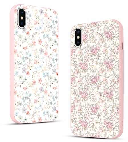 Phoona 2 Stück Handyhülle für iPhone X/XS Hülle 5,8'', Aesthetic Rosa Blume Muster Design Weiche TPU Ultra Dünn Silikon Schutzhülle Kratzfeste Stoßfest Kameraschutz Bumper Case für Mädchen