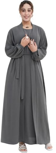 Zofocy Elegant Muslim Two-Piece Long Abaya - Belted Design, Side Pockets, Islamic Prayer Dress, Women Eid Clothes