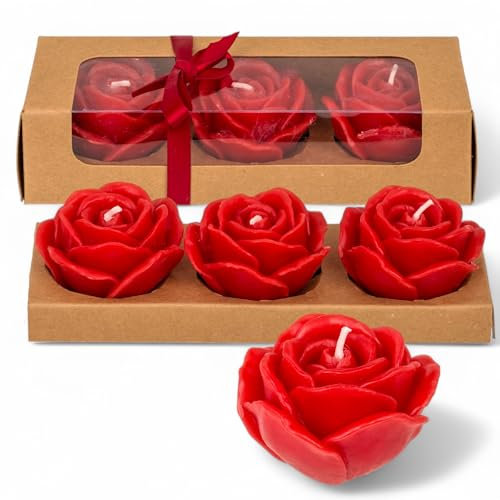 MIJOMA Set di 6 candele a forma di rosa, senza profumo, circa 6 x 4 cm, set regalo con elegante confezione, decorazione per occasioni romantiche