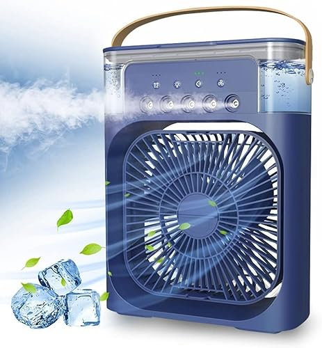Ventilador USB Mini Aire Acondicionado de Mesa con Pulverizador de Agua, Difusor de Aroma, Humidificador Temporizador, Apagado Automático, Giratorio, LED 7 colores, Silencioso, Portátil, Casa,