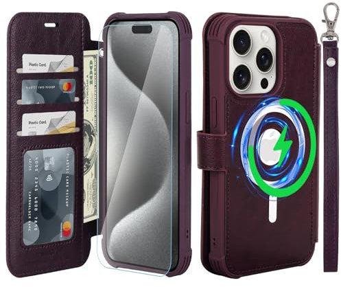 VANAVAGY Compatible for iPhone 15 Pro Wallet Case for Magsafe Wireless Charging,Leather Flip Wrist [Glass Screen Protectors and Camera Lens Protectors]with RFID Blocking Card Holder,Purple