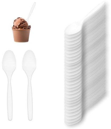 Confezione da 100 cucchiai riutilizzabili in plastica ad alta resistenza 13cm, cucchiaio in plastica bianca riutilizzabile per compleanni, picnics, feste, buffet, caffè, Cucchiaini bianca