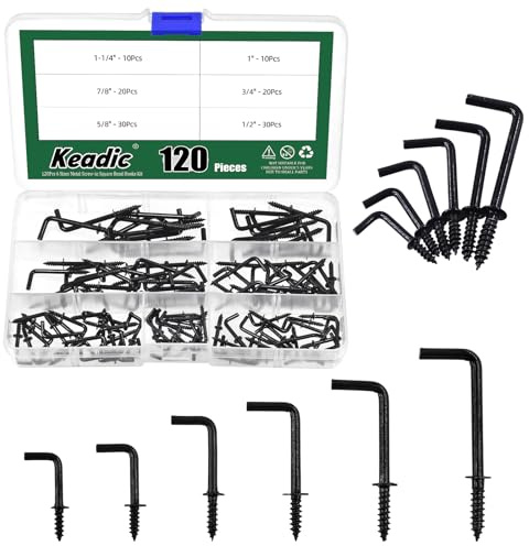 Keadic Kit di 120 ganci quadrati a vite, in metallo placcato in ottone nero, ganci quadrati autofilettanti, ganci ad angolo retto per cornici fotografiche di tipo L, per casa, ufficio e posto di