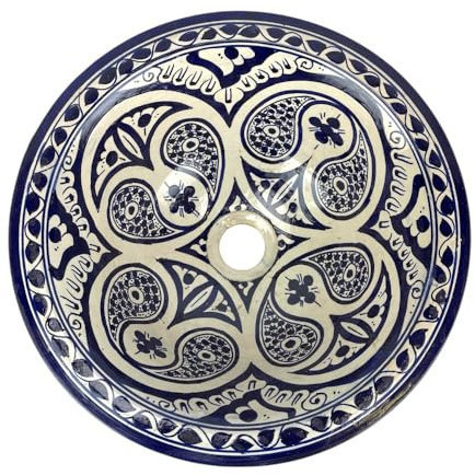 Lavabo marroquí de cerámica pintada a mano, 35 x 15 cm, azul y blanco, diseño tradicional de Fes
