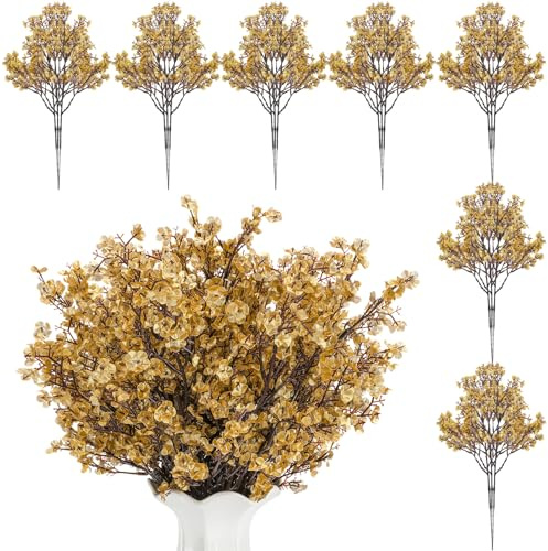 Xialvyu Künstliche Blumen, 21 Stück Schleierkraut Künstlich Gypsophila Blumen für DIY Hochzeit Blumenstrauß Party Tisch Centerpieces Blumenarrangements Home Weihnachten Dekoration(Gold)