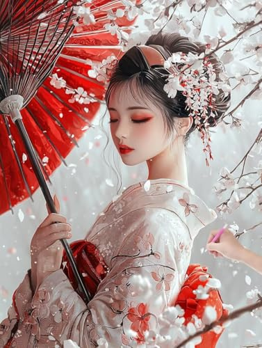 Diamond Painting Adulte Geisha Peinture Diamant Adulte, 5D DIY Diamond Painting Kit Complet Japon, Broderie Diamant Cristal Point de Croix Kit pour Débutants, Décoration Murale Maison, 50x70 cm, W-65