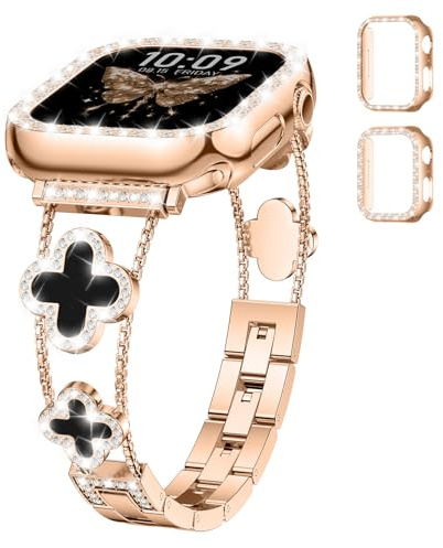 Metall Armband+Diamant Schutzhülle für Apple Watch Armband Series 11 10 9 8 7 6 5 4 3 SE 3/2 Damen,Bling Glückskleeblatt Edelstahl Band für iWatch 38/40/41/42 mm,42mm PC Hülle(No Screen)Roségold
