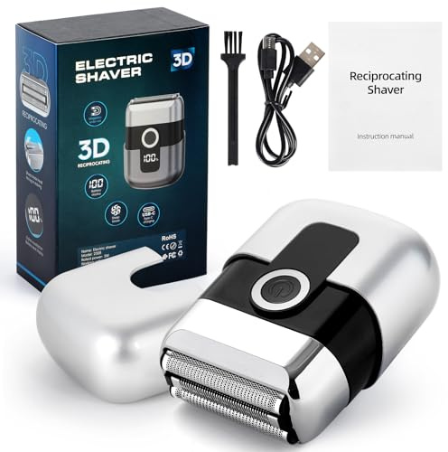 Mini Rasierer Herren Elektrisch, Mini Foil Shaver Mit 3 Schwebende Klingen, Elektrorasierer Herren mit LED-Anzeige, IPX7 Wasserdichter Nass-& Trockenrasierer für Bart & Gesicht (Silber)