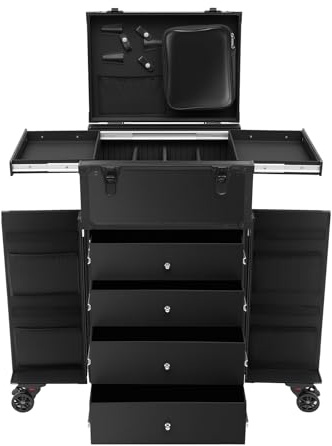 Professional Rolling Makeup Case with Wheels Travel Organizer Trolley On Vanity Box Organiser Locks in Extra Large Cosmetic Hairdressing Nail Drawer Train Cases Cosmetics Key Drawers Storage Tall