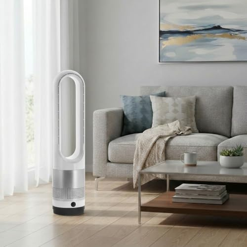 Powersonic Bladeless Tower Fan, 8 Speed Quiet Cooling, Remote Control, Touch LED Display, Portable, for Bedroom, Office and Desktop Use