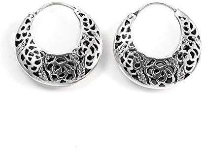 Silverly Orecchini a Cerchio in Argento 925 con Motivo a Rosa e Mezzaluna | Orecchini a Cerchio Conici in Argento Sterling in Stile Vintage | Design Traforato in Stile Filigrana Floreale