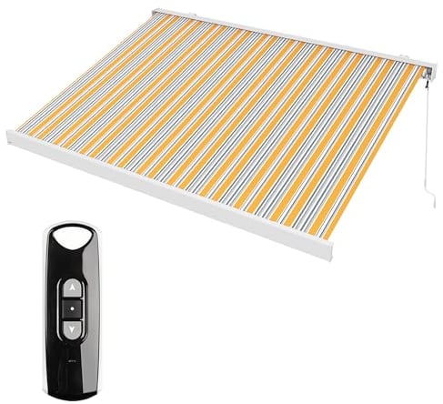 paramondo Markise Kassettenmarkise Line Gelenkarmmarkise Balkon Terrasse Sichtschutz, mit jarolift Funkmotor, Vollständig zusammengebaut, 4 x 3 m, Gestell: Weiß, Stoff: Multi, Gelb-Grau-blau