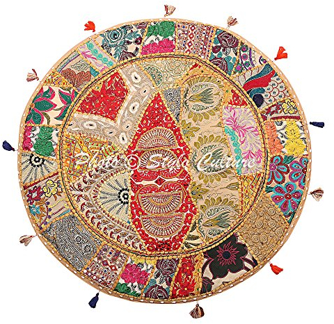 Stylo Culture Indien Dekorativ Rund Bodensitzkissen Meditation 80 x 80 cm Groß Sitzpouf Kissen Vintage Beige Boho Patchwork Lounge-Sessel Baumwolle Bestickt Rundkissen Hülle