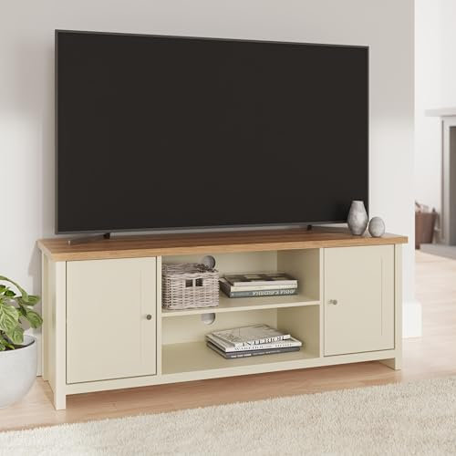 GFW Large Lancaster TV Cabinet Unit With Storage Shelves & Cupboard. Cream Living Room TV Stand With Oak Top. Wood Sideboard Media Stands. Cream & Oak Sideboard TV Unit With Rear Cable Entry (Cream)