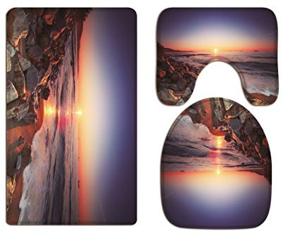 A.Monamour Badezimmer Badematte 3 Teilig Set Aufgehende Sonne Zeit Ozean Meer Gezeiten Stein Felsen Küstenlandschaft Flanell Saugfähig Badteppiche Badvorleger Badgarnitur WC Vorleger