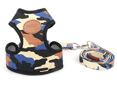 SMALLLEE_LUCKY_STORE Geschirr aus weichem Nylongewebe für Haustiere und Katzen – Geschirr und Leine – Blau Camouflage – Größe M