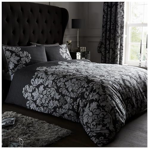 Gaveno Cavailia Empire Damask King Duvet Set Black Reversible Easy Care Cotton Blend 3 Piece Bedding | 1 Quilt Cover + 2 Pillow Cases | Button Closure | Machine Washable