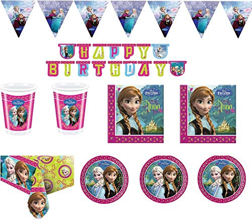 Kit coordinato per Feste e Compleanni FROZEN (Piatti-Bicchieri-tovaglioli-Tovaglia-festone e bandierine) (per 24 persone)