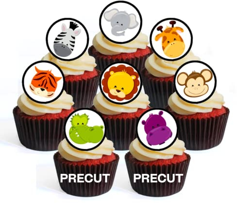 24 PRECUT Jungle Animals Edible Cupcake Toppers - Jungle Animals Theme - - wafer card disc cake decorations