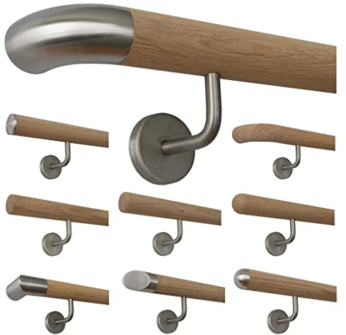 TIBU Holz Handlauf Eiche unbehandelt Geländer Wandhandlauf Treppe Wand 30-500cm mit gewinkelten Edelstahl Halter, Länge: 2500 mm mit 4 Halter - Enden:Edelstahlbogen