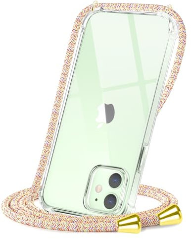 CAROKI Crossbody Case for iPhone 12 Mini, Necklace Mobile Phone Cover with Cord Strap,Clear Transparent TPU Soft iPhone 12 Mini Cover Holder with Neck Cord Lanyard Strap-Rainbow