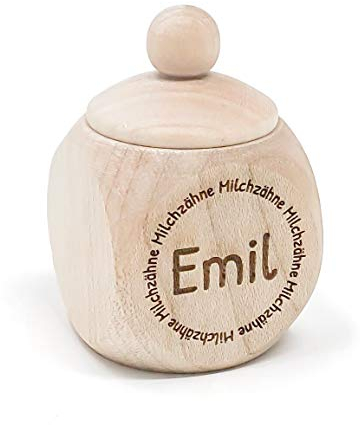 KATINGA Zahnfee Zahndose/Lockendose aus Holz mit Gravur für Milchzähne, ca. 4x4x6cm (mit Name im Kreis)