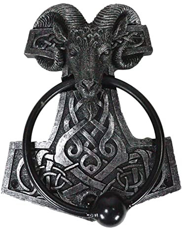 Ebros Gift Wikinger Ram Schädel Thor Hammer Mjolnir mit Runen Knotwork Dekorative Türklopfer Figur mit eingebautem Struckball nordischer Donnergott skandinavischer Mythologie-Akzent
