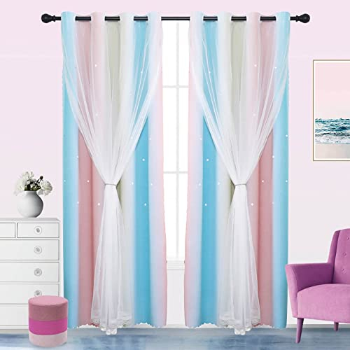 TOPCHANCES 2 Paneele Verdunkelungsvorhänge mit Sternen für Mädchen, Schlafzimmer, Kinder-Vorhang mit Vorhang mit Schleife, Seilösen für Zuhause, Wohnzimmer, Dekoration (W52 x L84, Regenbogen)